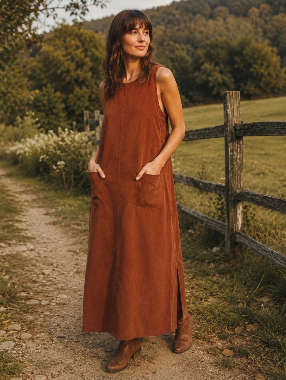 Vintage Suede Maxi Dress Cottage Core Pockets Granola Country Soft Langenlook